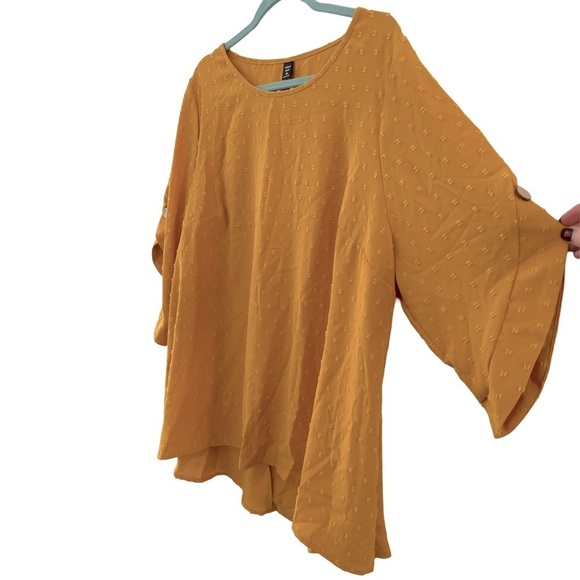 Women’s Plus Size Mustard Yellow Swiss Dot Flare Short Sleeve Blouse Top - Picture 6 of 14